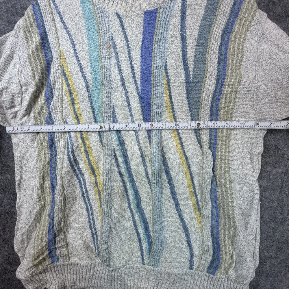 Vintage Sweater Men Medium Gray Blue Retro 80s Cosby Dad Wavy Vertical Stripe